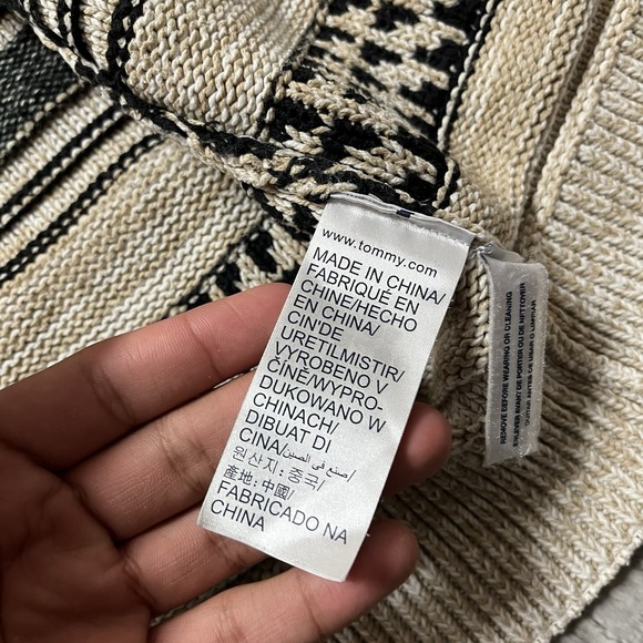 Tommy Hilfiger Cardigan Mens L Nordic Henley Mock Neck Camel Hair Striped - Picture 7 of 10